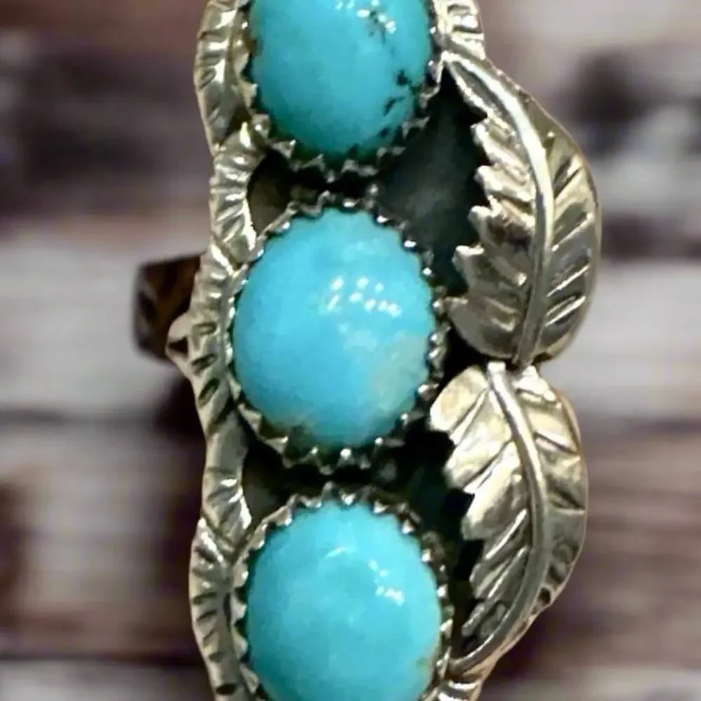 Three Stone Turquoise Sterling Silver Ring Size 9 - Picture 3 of 7